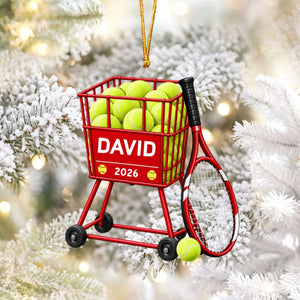 Personalized Tennis Ball Cart Christmas Ornament – Custom Name 2026 | Acrylic Keepsake Gift For Tennis Coach & Player
