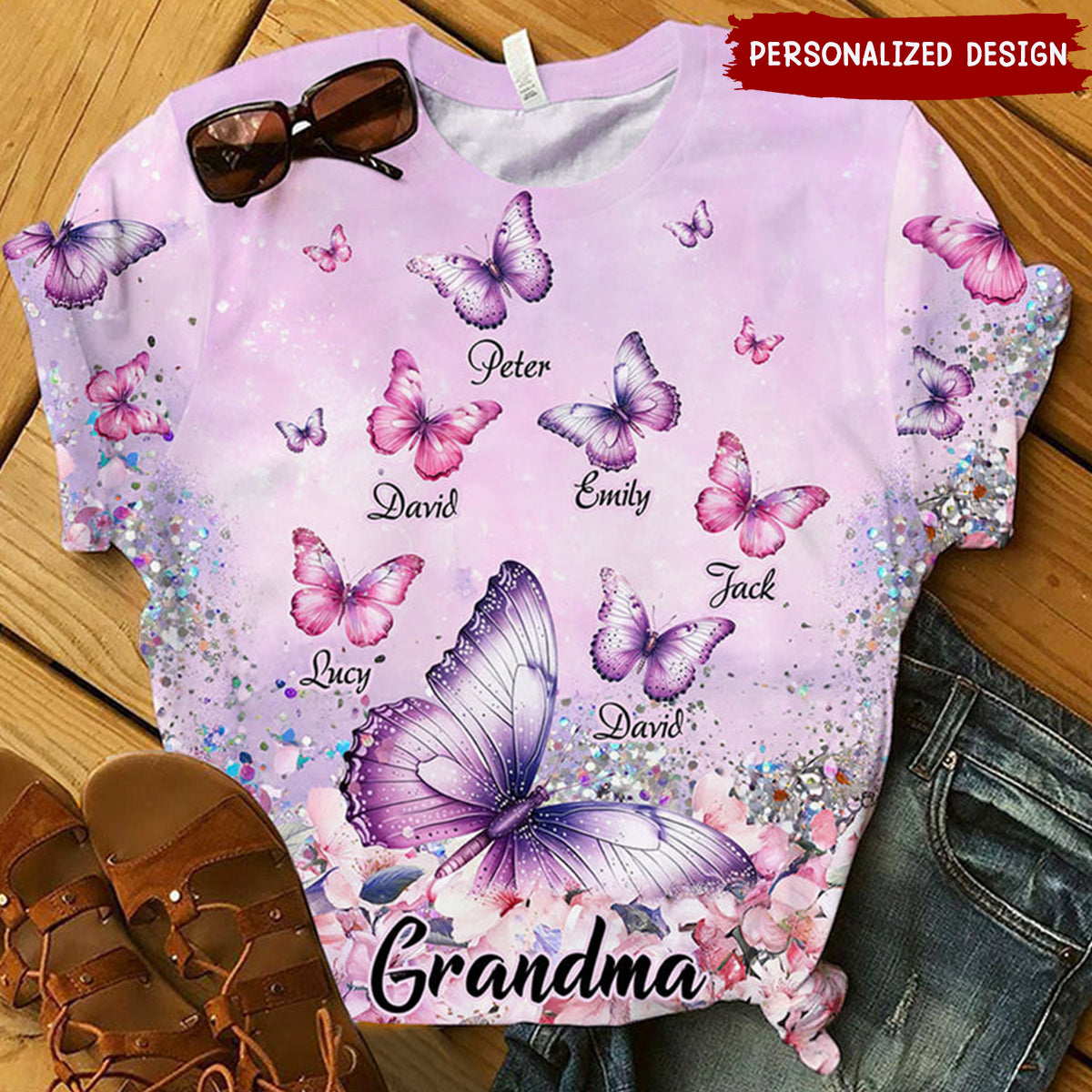 Personalized Flowery Butterfly 3D T-shirt Gift For Grandma, Mom, Auntie