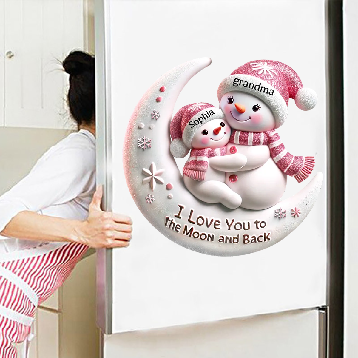 Snowman Grandma & Hugging Grandkid On The Moon Personalized Decal