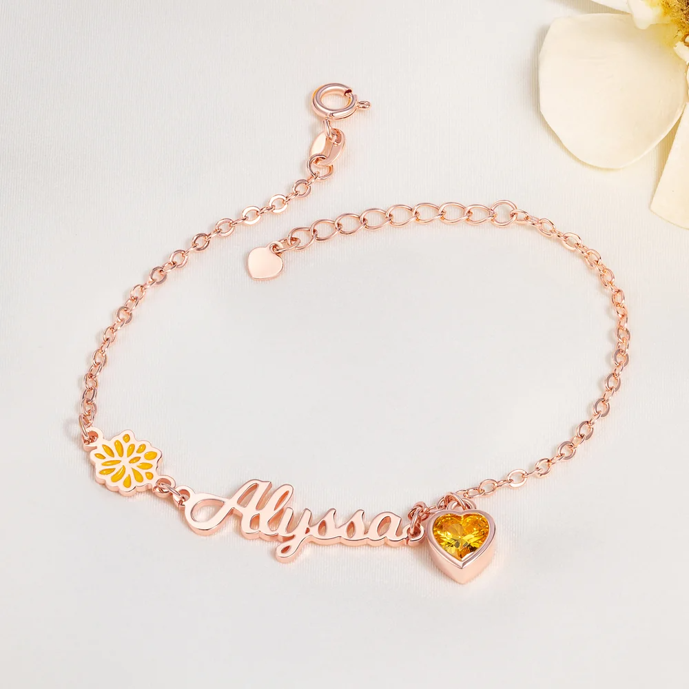 Personalized Heart Birthstone Birth Flower Bracelet with Name