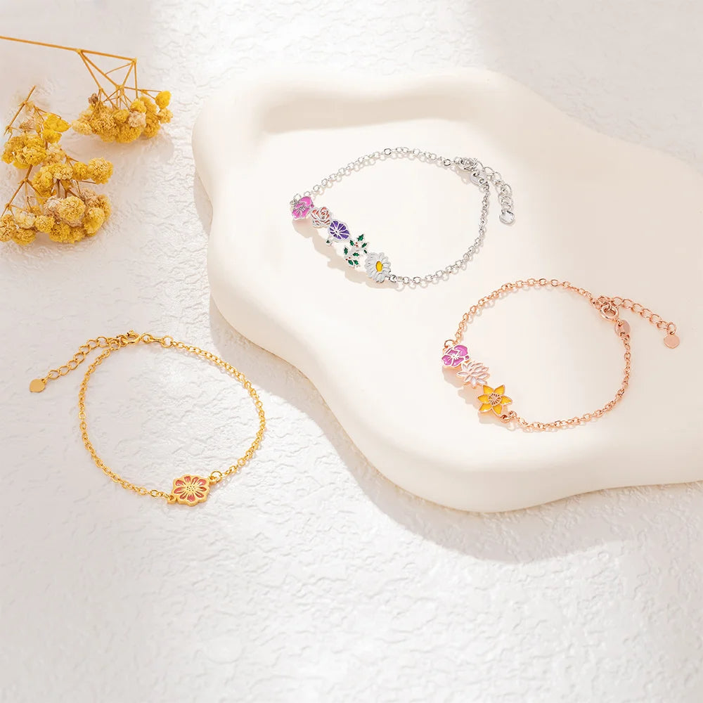 Personalized Adjustable Dainty 1-8 Enamel Birth Flowers Bracelet Birthday Gift for Mom Grandma