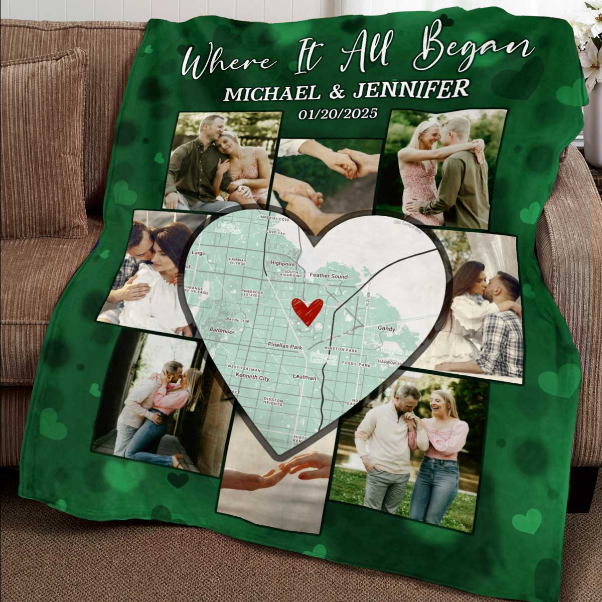 Custom Picture Collage Blanket With Location Map, Personalized Where It All Began Gift, Blankets For Couples