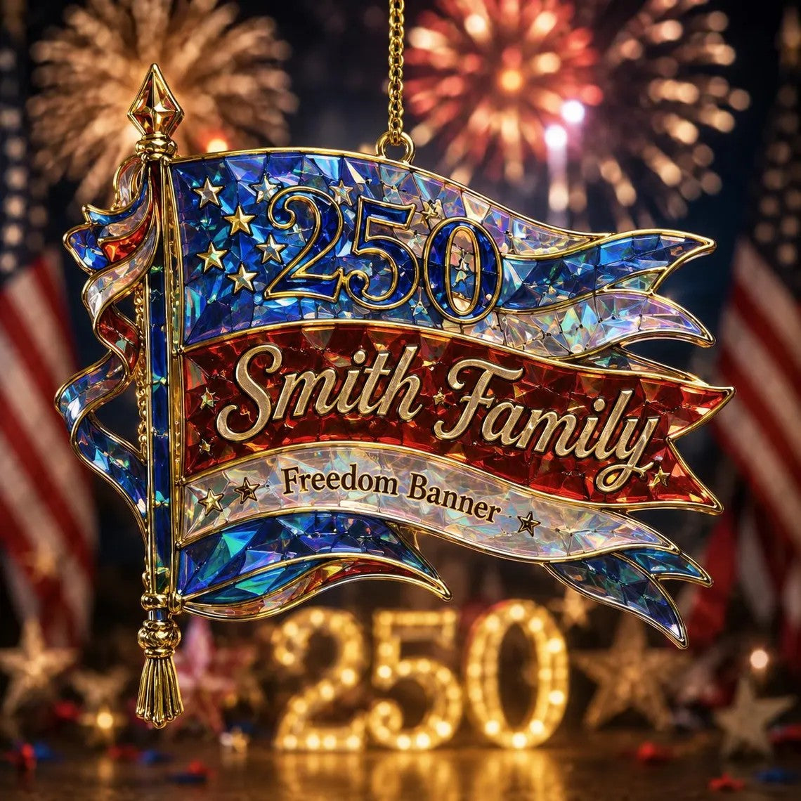 Personalized "Freedom Banner" America 250th Acrylic Ornament – Hologram Patriotic Family Keepsake