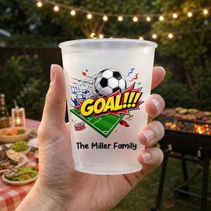 Personalized Frosted Plastic Cup, Soccer Goal Design for Backyard Cookouts, Unique Gift for Sports Fans