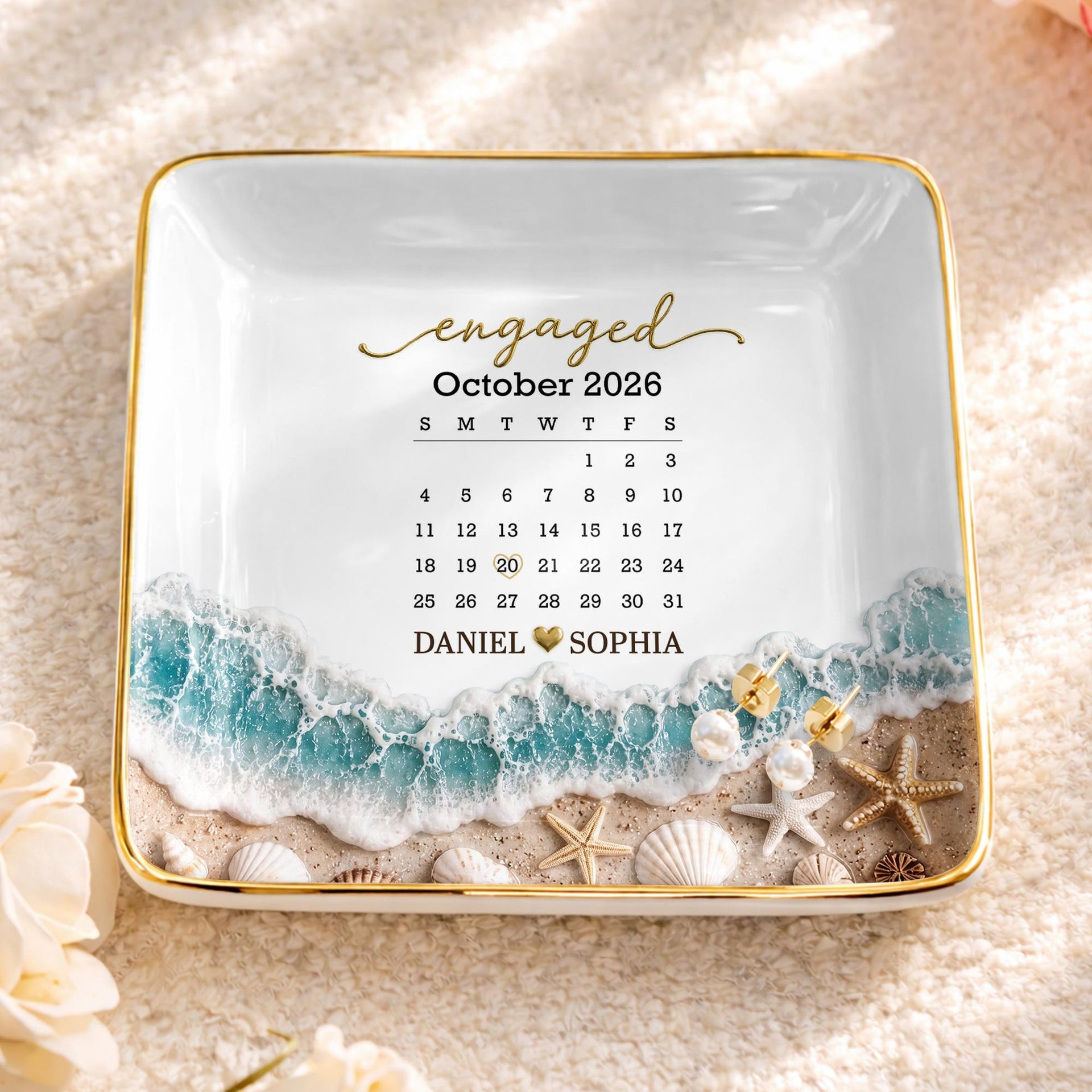 Engaged Calendar, Personalized Jewelry Dish, Gift For Couples