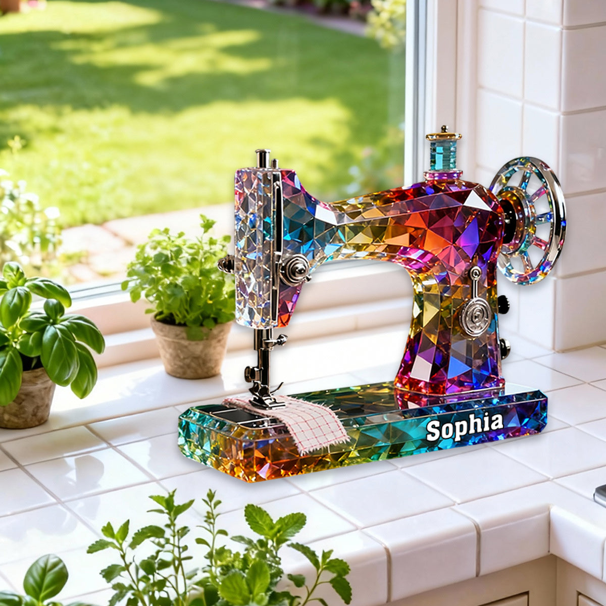 Stained Glass Effect Sewing Machine Custom Name Acrylic Plaque, Gift For A Tailor