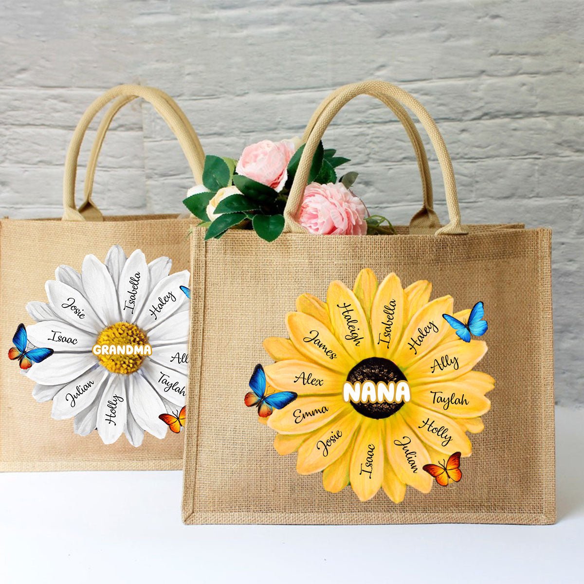 Personalized Grandma/Mom With Kids Name Flower Jute Tote Bag