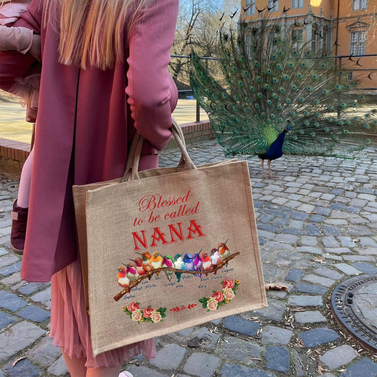 Personalized Blessed Bird Grandma Kids Flower Jute Tote Bag