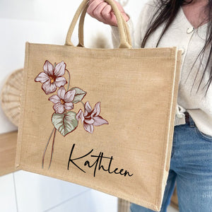 Personalized Birth Flower Beach Jute Tote Bag