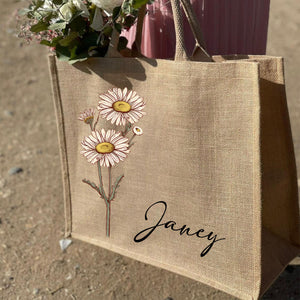 Personalized Birth Flower Beach Jute Tote Bag