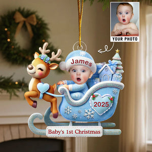 Baby In Reindeer Sleigh - Custom Photo Acrylic Ornament
