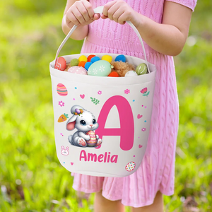 Personalized Cute Bunny Flower Canvas Easter Basket with Name and Initial Egg Hunting Accessories Easter Gift for Boys Girls