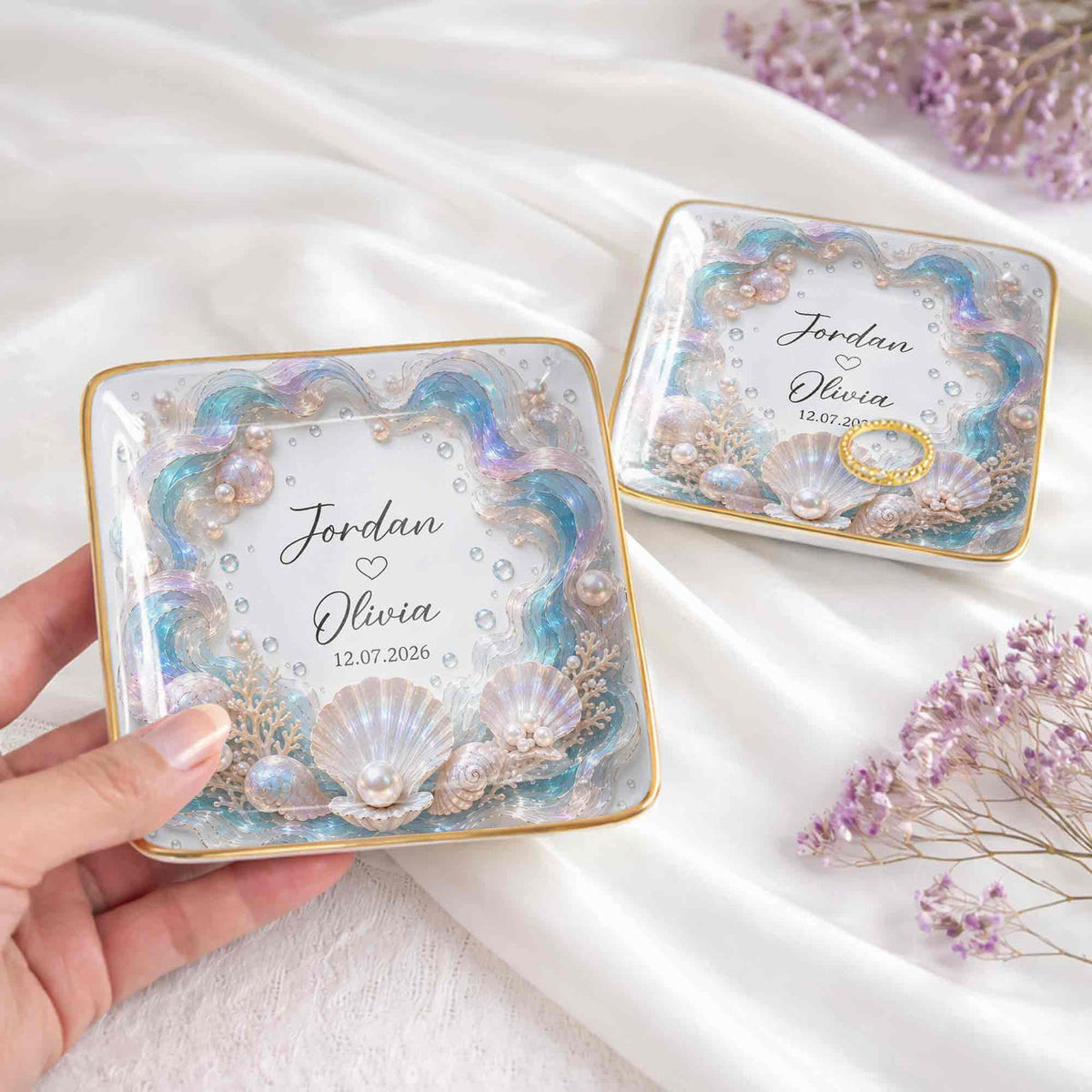 Our Love Is Deeper, Ocean Shell Pearls Personalized Ceramic Jewelry Dish, Gift For Couple