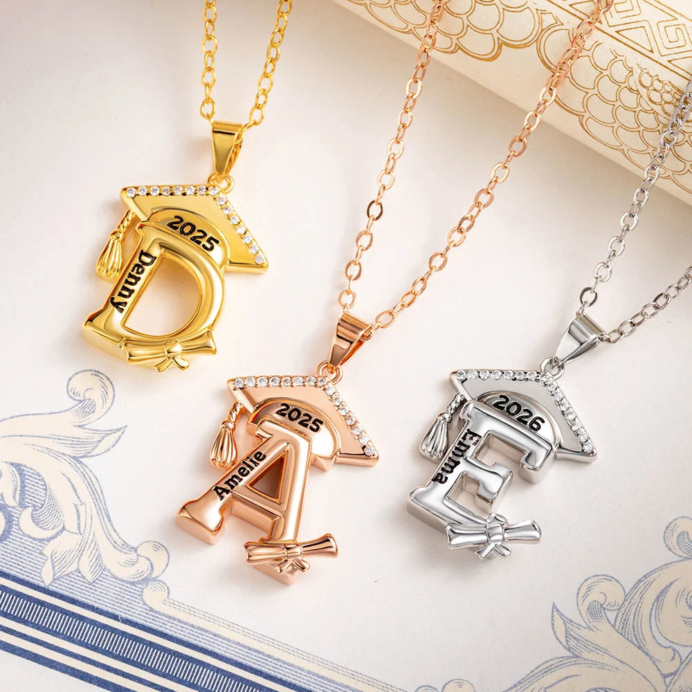 Engraved Name Personalized Bachelor Hat Graduation Initial Necklace