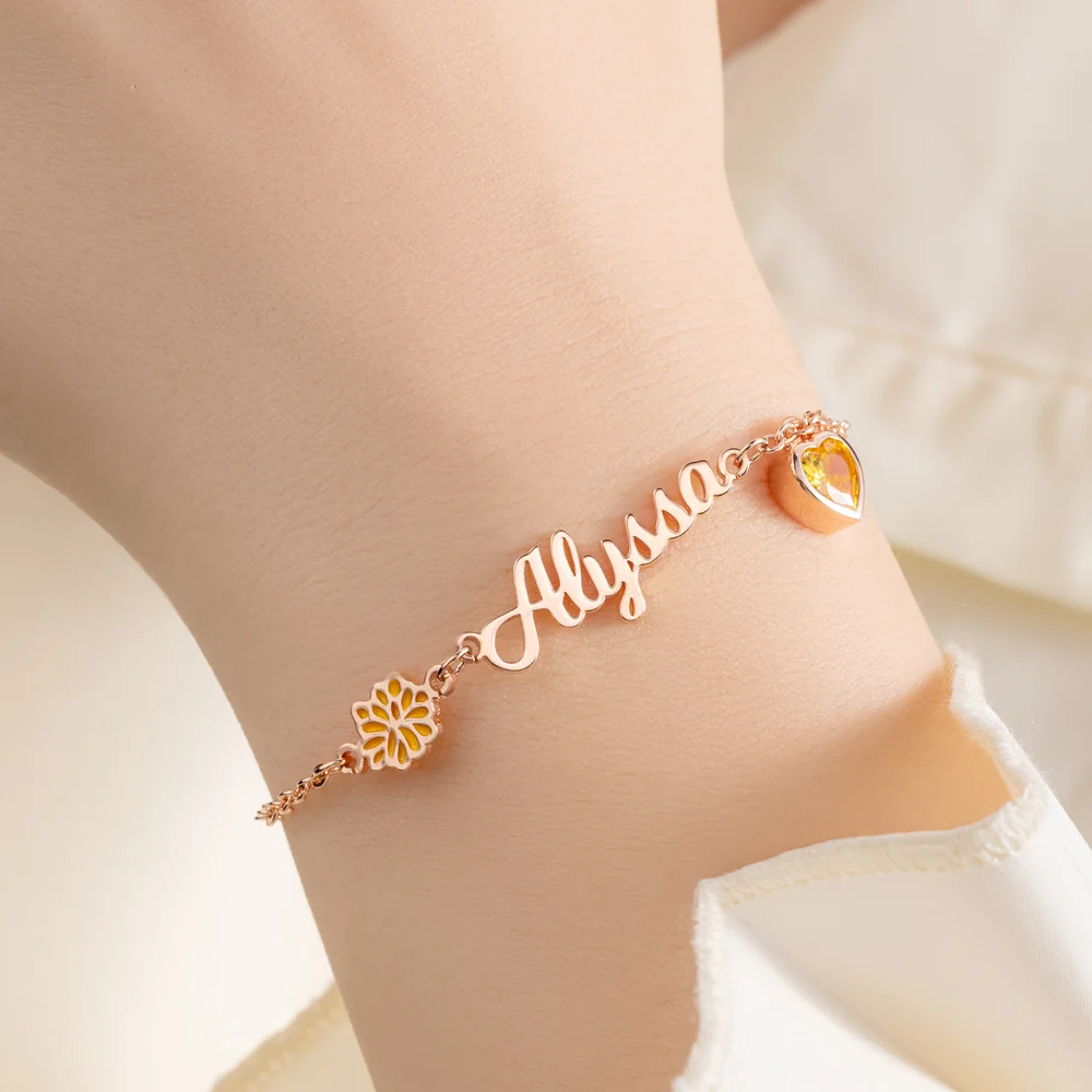 Personalized Heart Birthstone Birth Flower Bracelet with Name