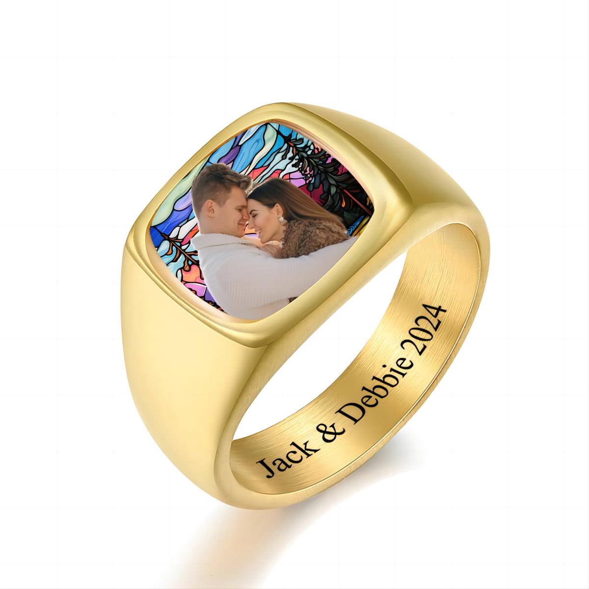 Love You Forever - Personalized Stained Glass Background Upload Photo Square Ring