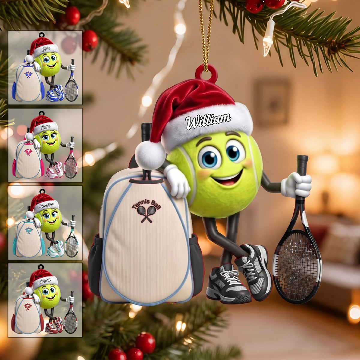 Tennis Racket & Backpack Design Christmas Acrylic Hanging Ornament – Personalized Tennis Ball Mascot Gift For Players