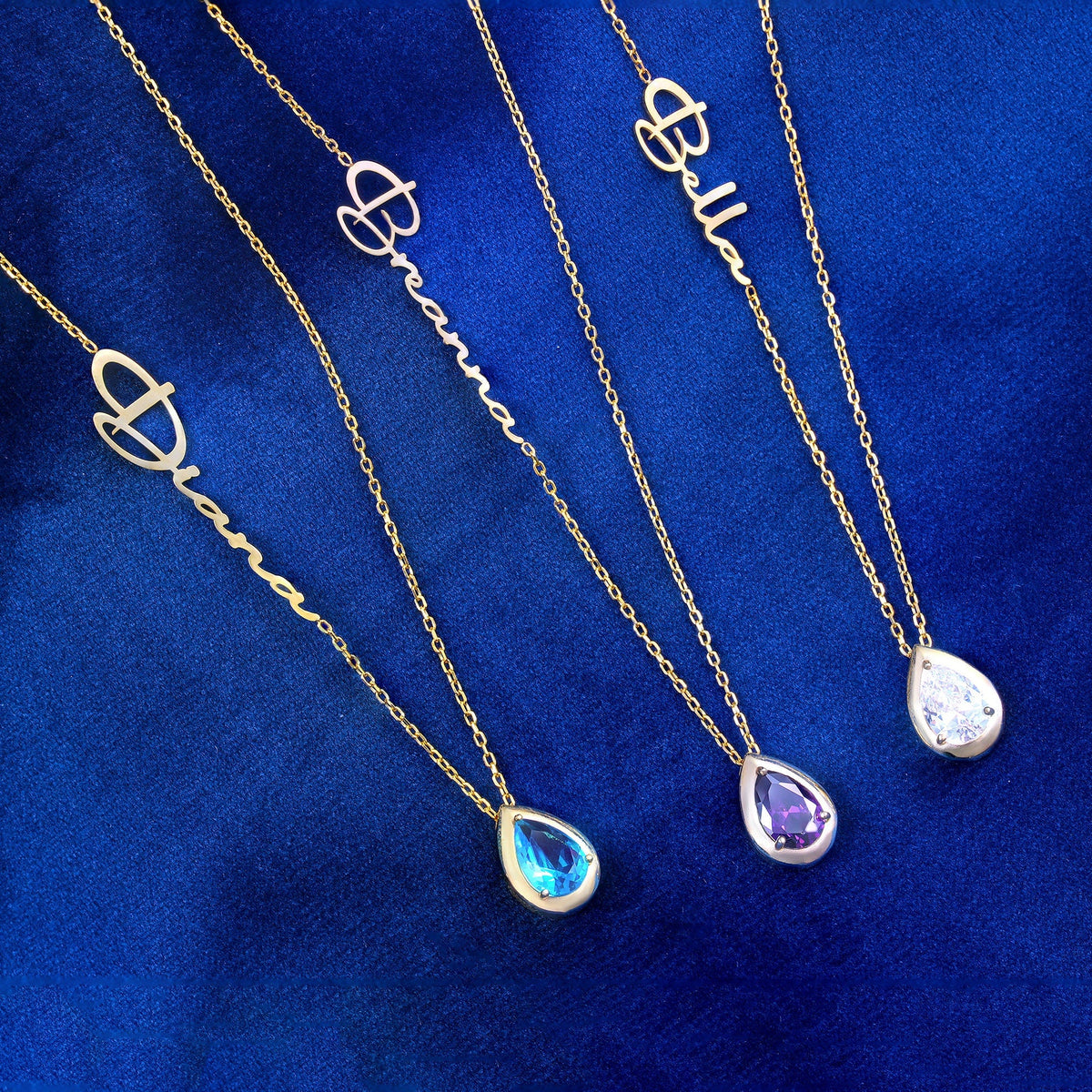 Custom Personalized Diamond Birthstone, Teardrop Stone with Name Necklace, Multi Gemstone Pendant for Her
