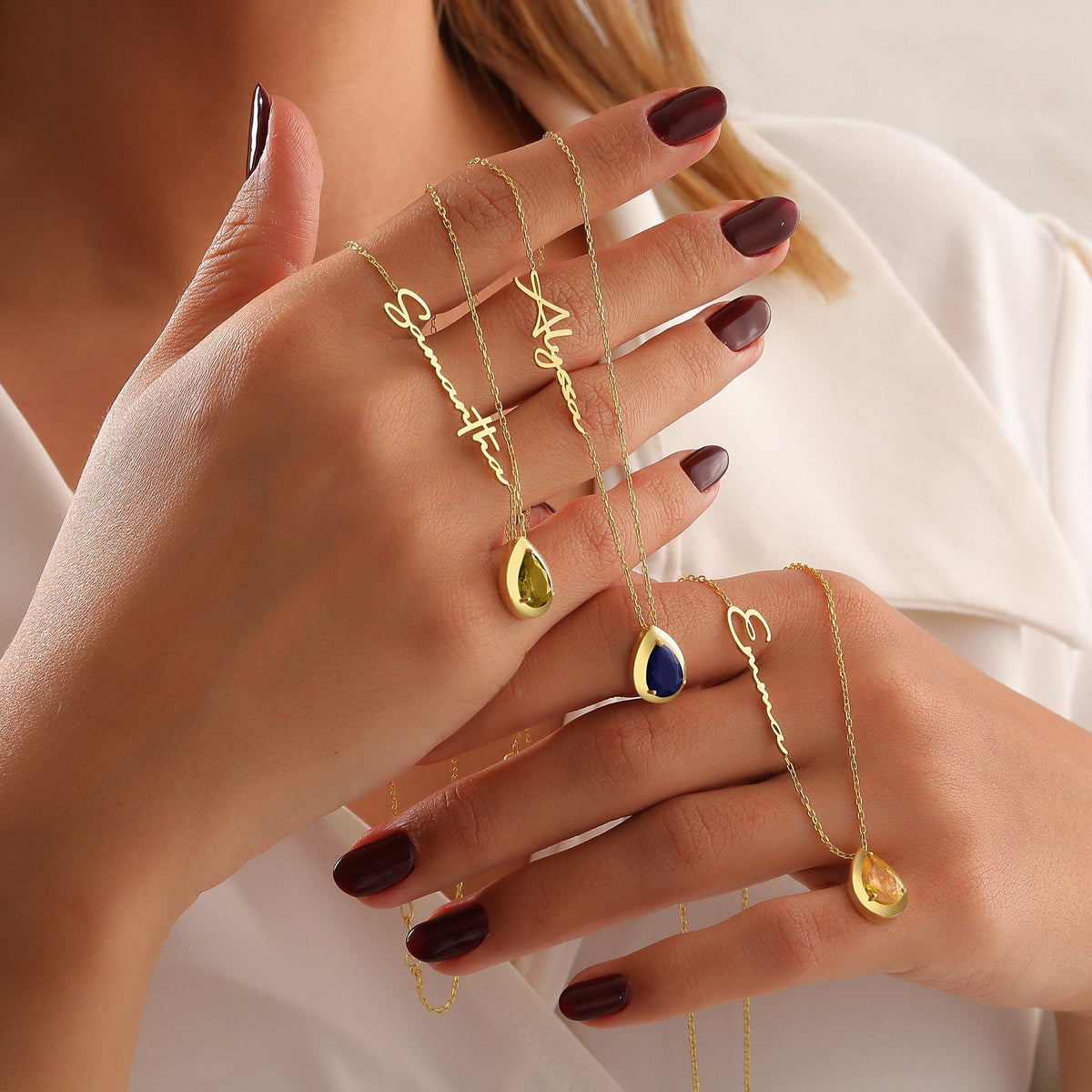 Custom Personalized Diamond Birthstone, Teardrop Stone with Name Necklace, Multi Gemstone Pendant for Her