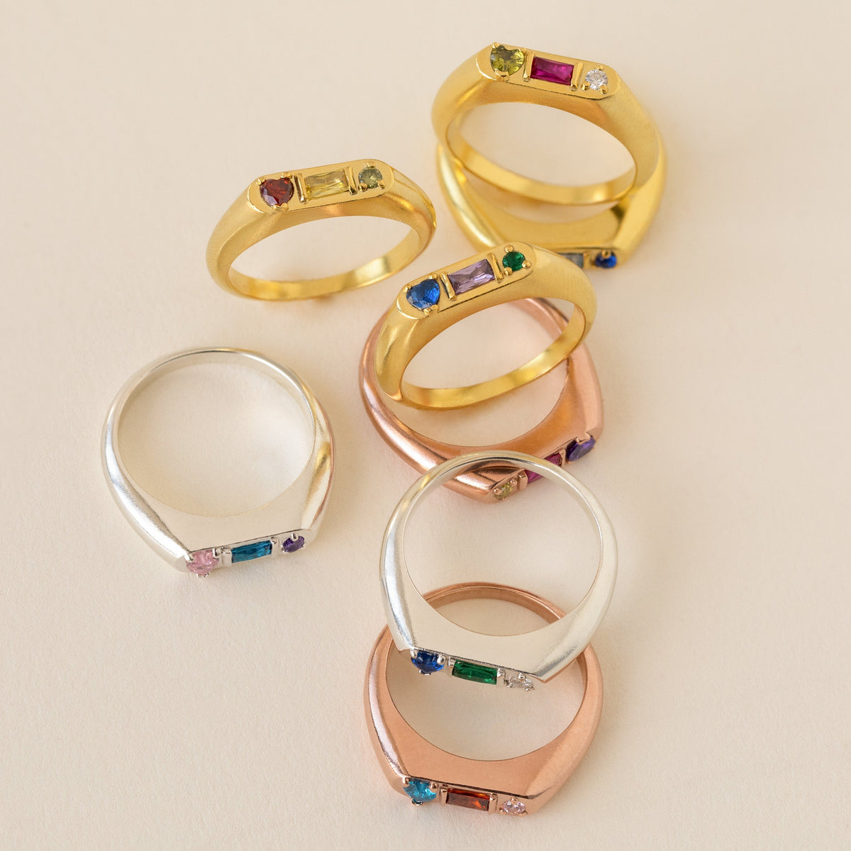 Personalized Gemstone Signet Ring • Birthstone Ring with Heart, Baguette & Circle Birthstones