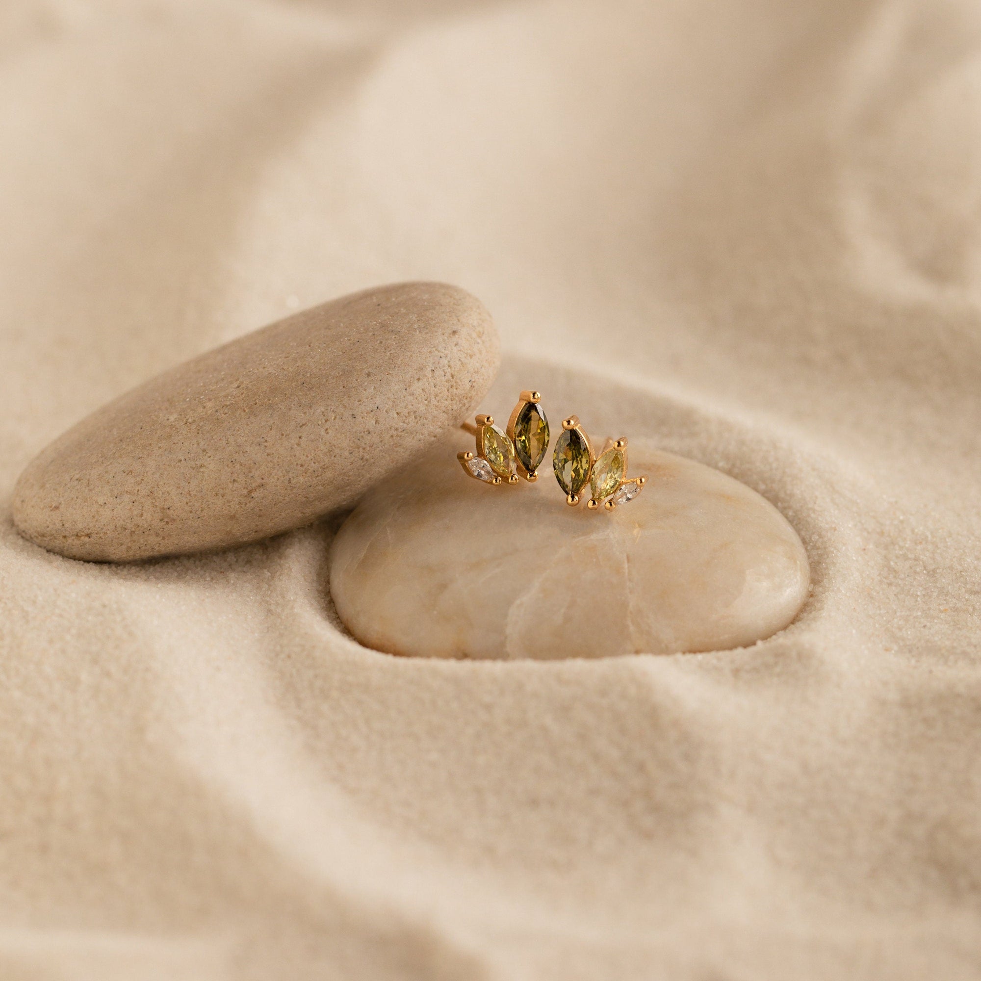 Minimalist Stud Earrings, Olive Leaf Style • Green Crystal Earrings