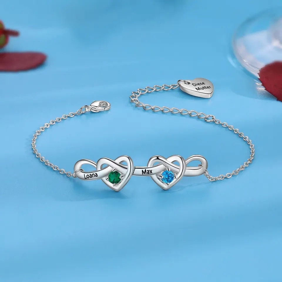 Personalized Linked Heart Bracelet With Birthstones Engraved Name