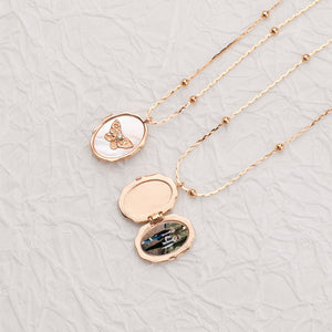 Personalized Butterfly Shell Photo Locket Necklace,Memorial Jewelry