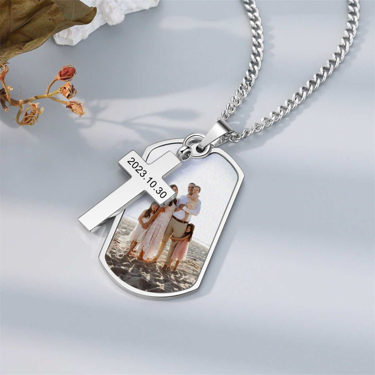Personalized Memorial Necklace With Cross Pendant,Photo With Text Necklace
