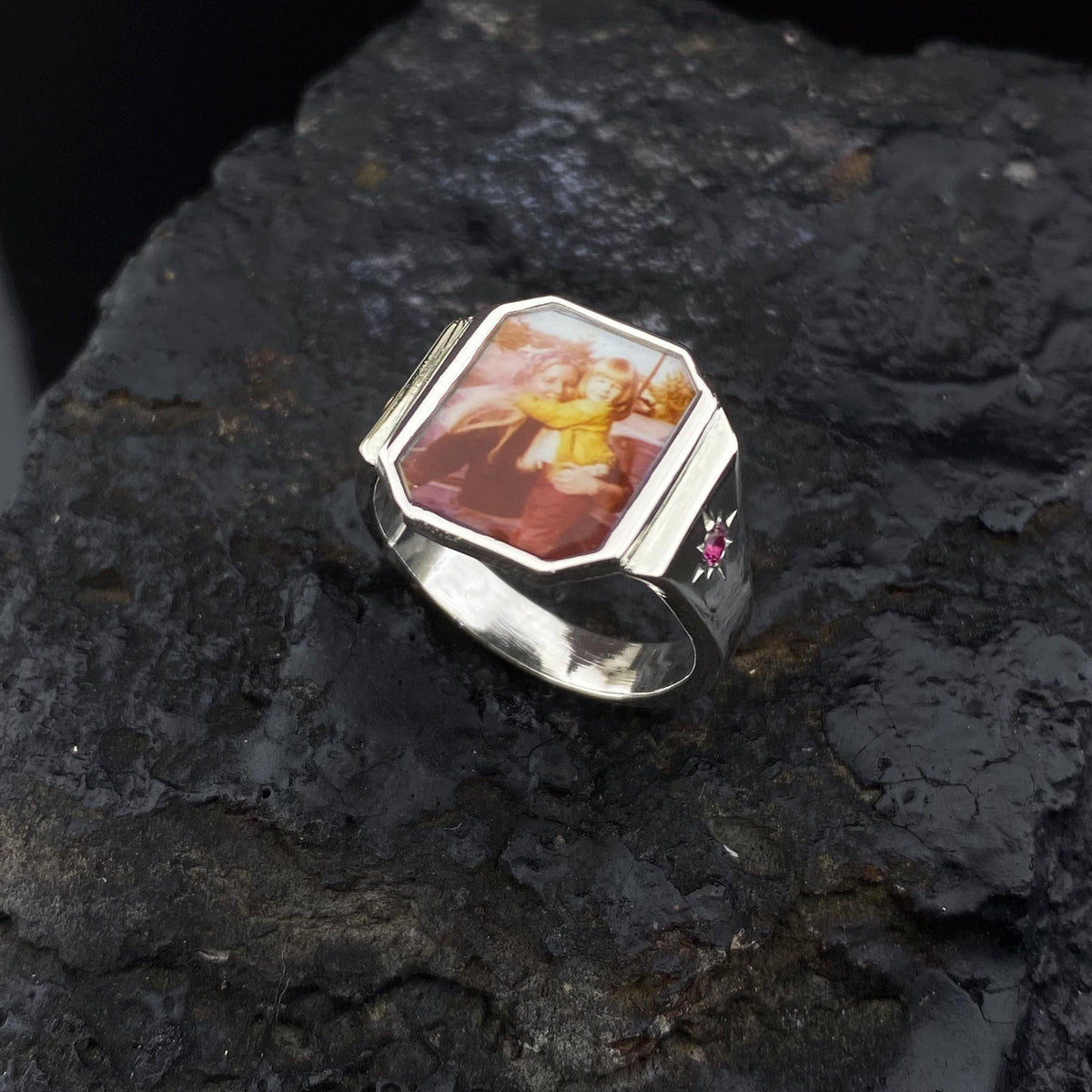 Photo Ring With 2 Birthstones, Personalized Gift for Her