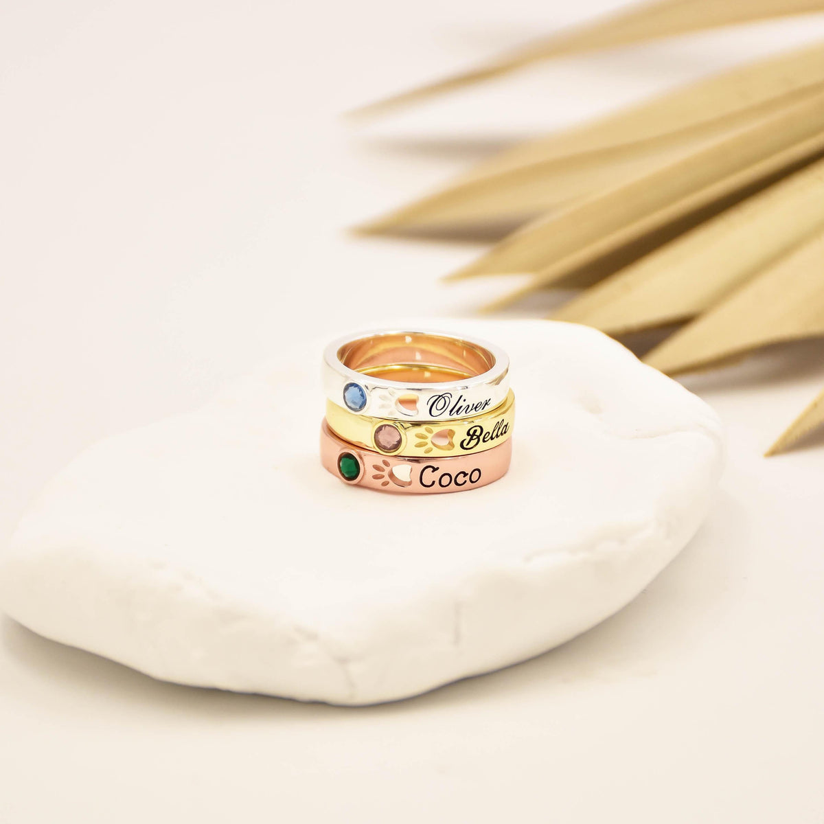 Personalized Pet Name With Birthstone Pet Paw Ring Memorial Gift For Dog Mom