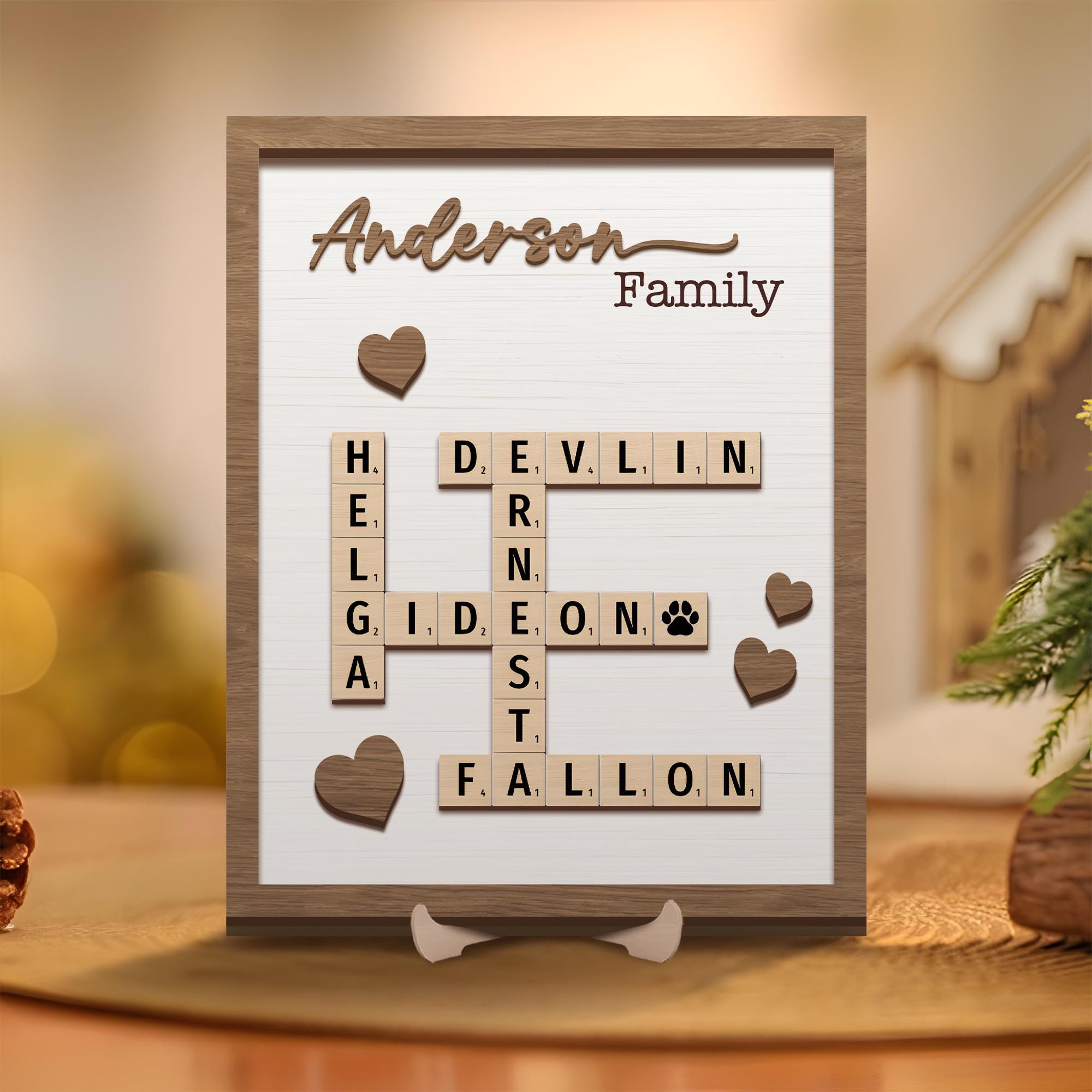 Personalized Puzzle Crossword scrabble board, Custom Family name 2-Layered Wooden Plaque With Stand