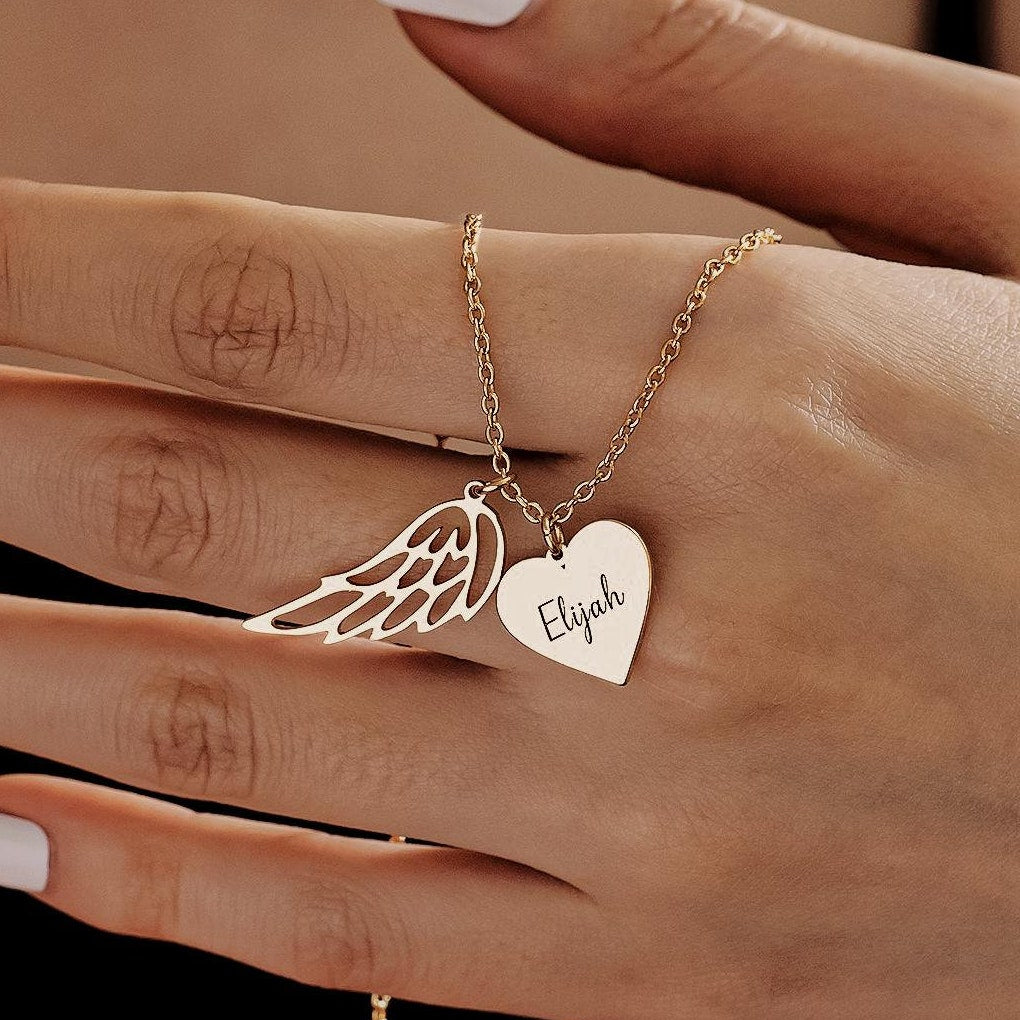 Heart Name Necklace with Wings Personalized  Memorial Angel Wing Necklace