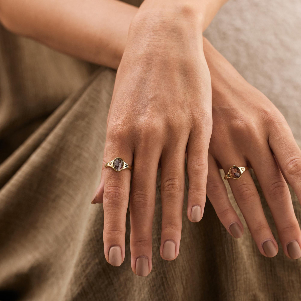 Oval Photo Ring With 2 Birthstones, Personalized Gift for Her