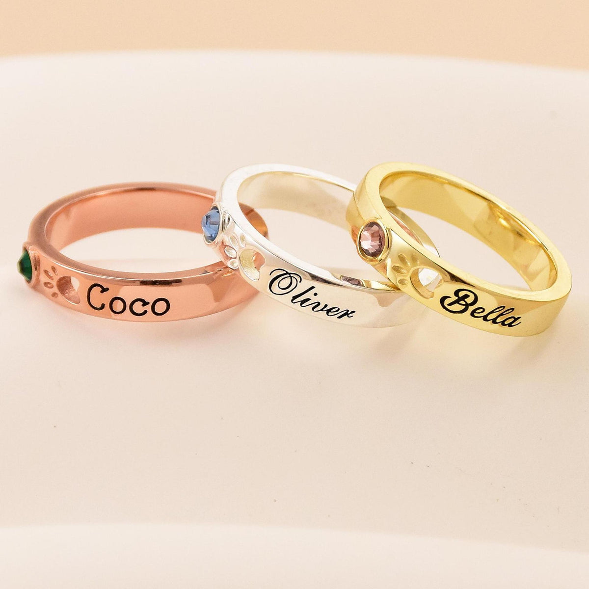 Personalized Pet Name With Birthstone Pet Paw Ring Memorial Gift For Dog Mom