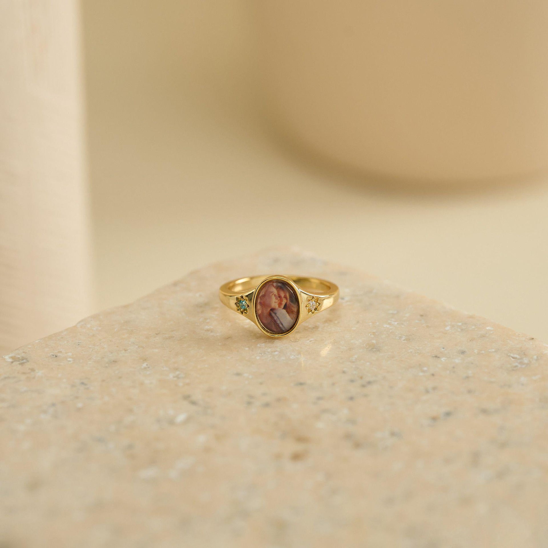 Oval Photo Ring With 2 Birthstones, Personalized Gift for Her