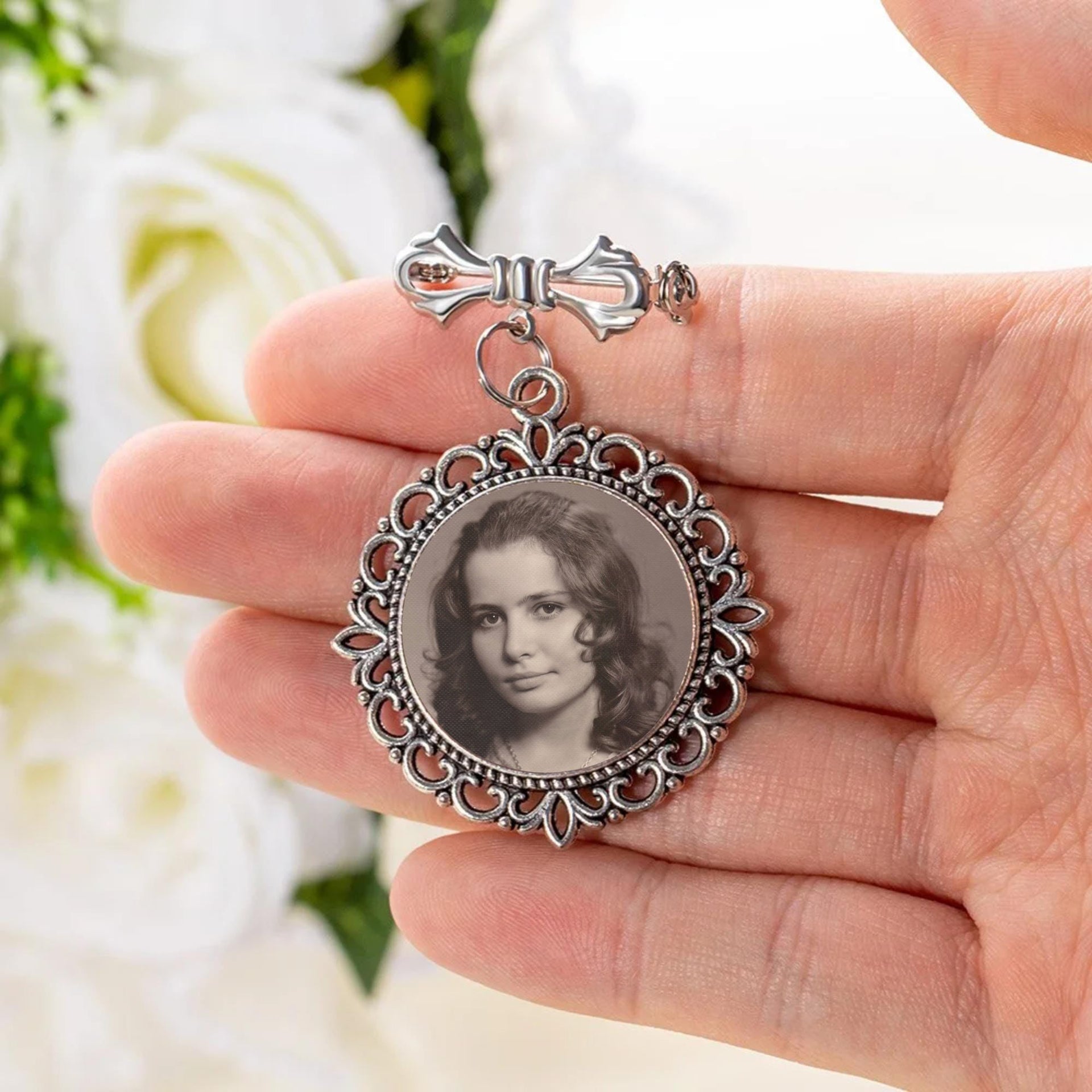 Personalized Memorial Custom Photo Bow Lapel Pin, Wedding Pin