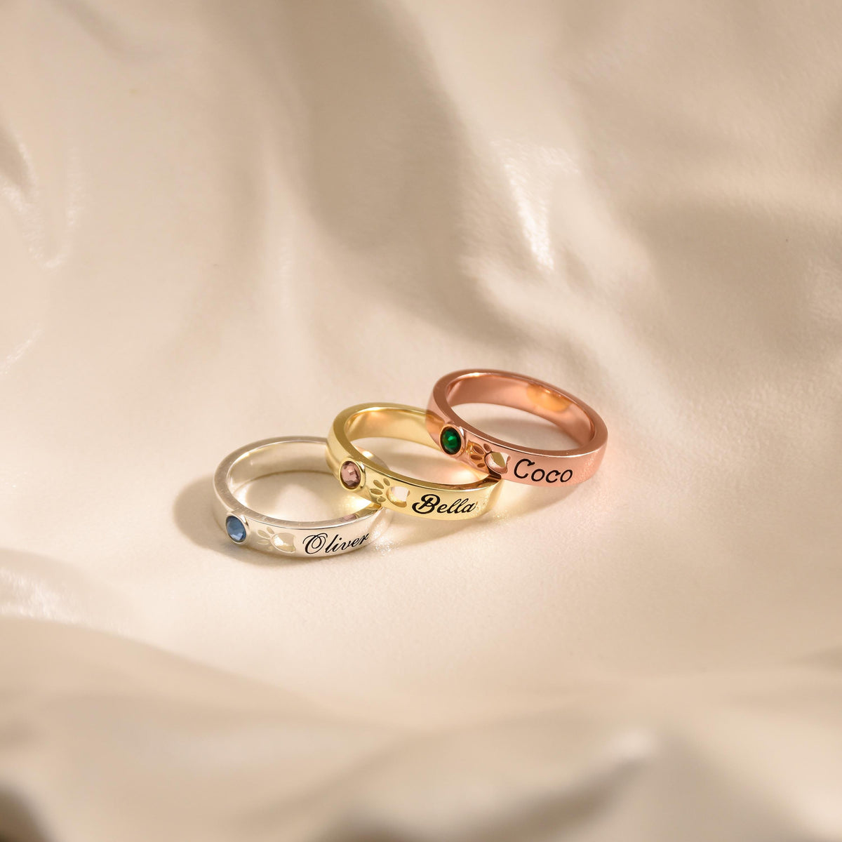 Personalized Pet Name With Birthstone Pet Paw Ring Memorial Gift For Dog Mom