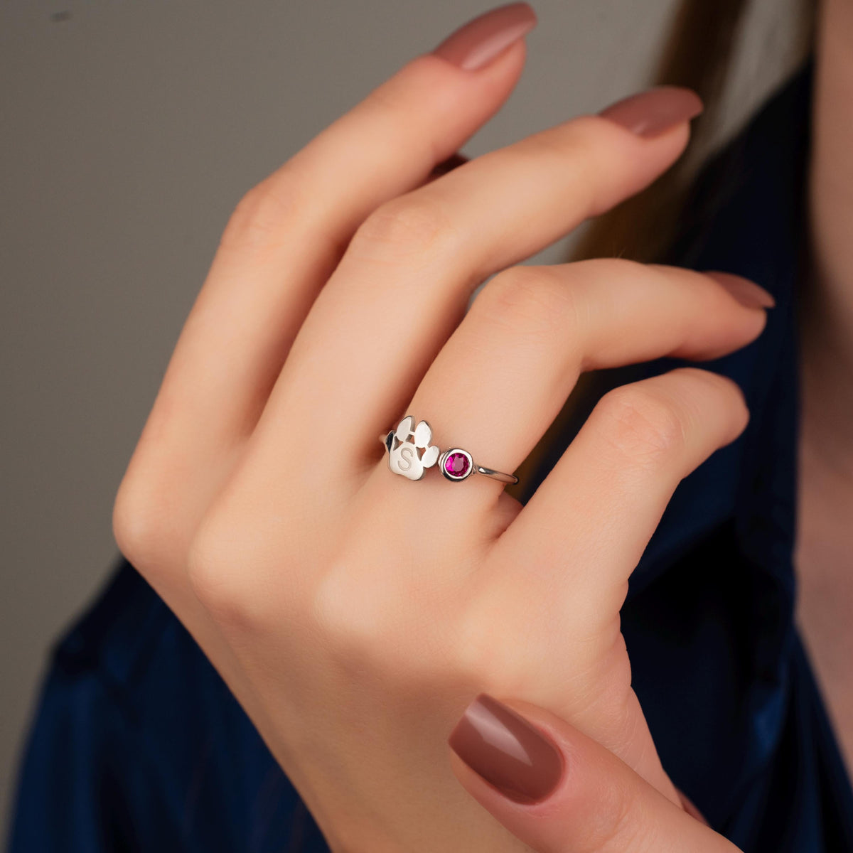 Personalized Engraved Paw Birthstone Ring Gift for Pet Lovers