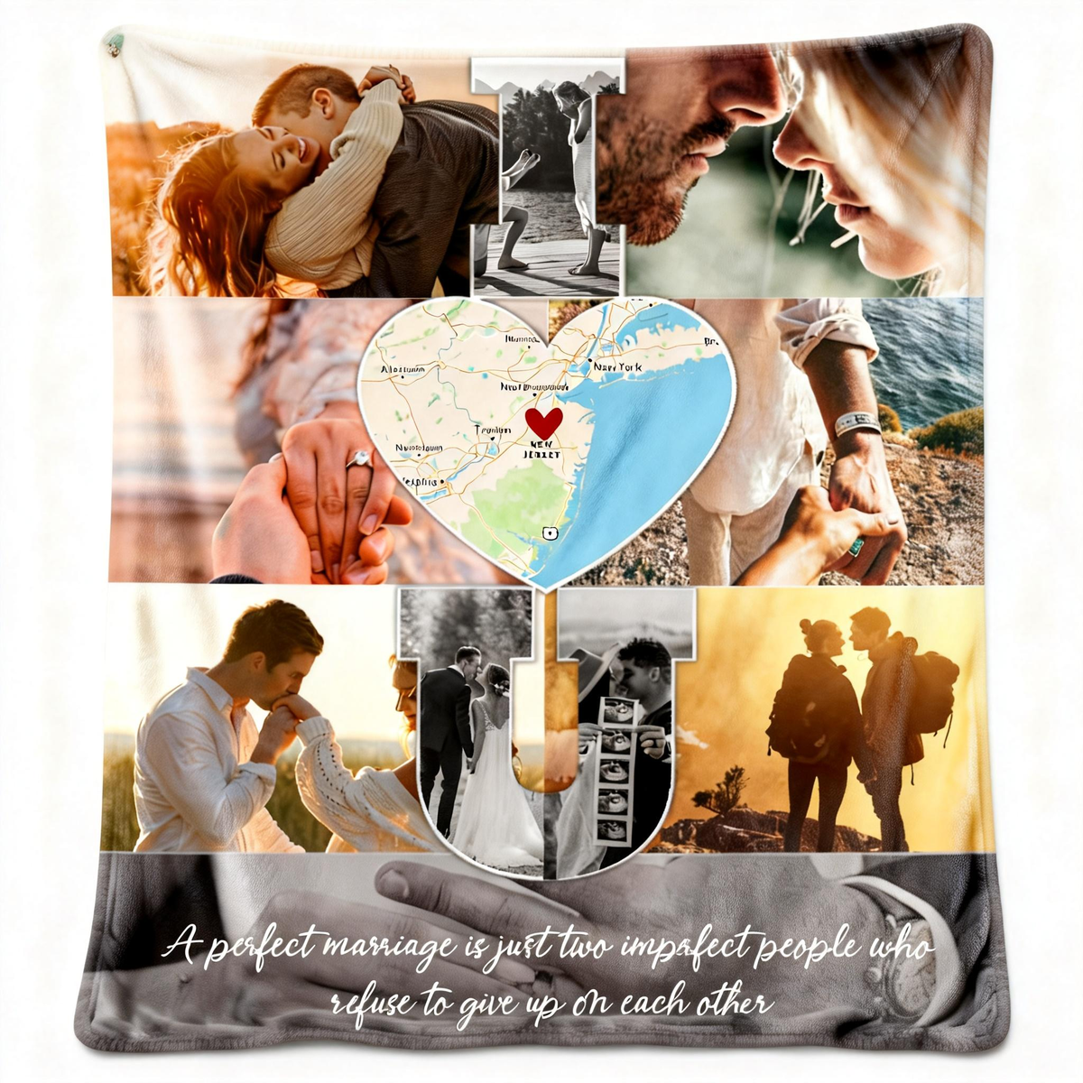 I Love You - Custom Map Photo Collage Blanket Personalized Couple Anniversary Wedding Gift