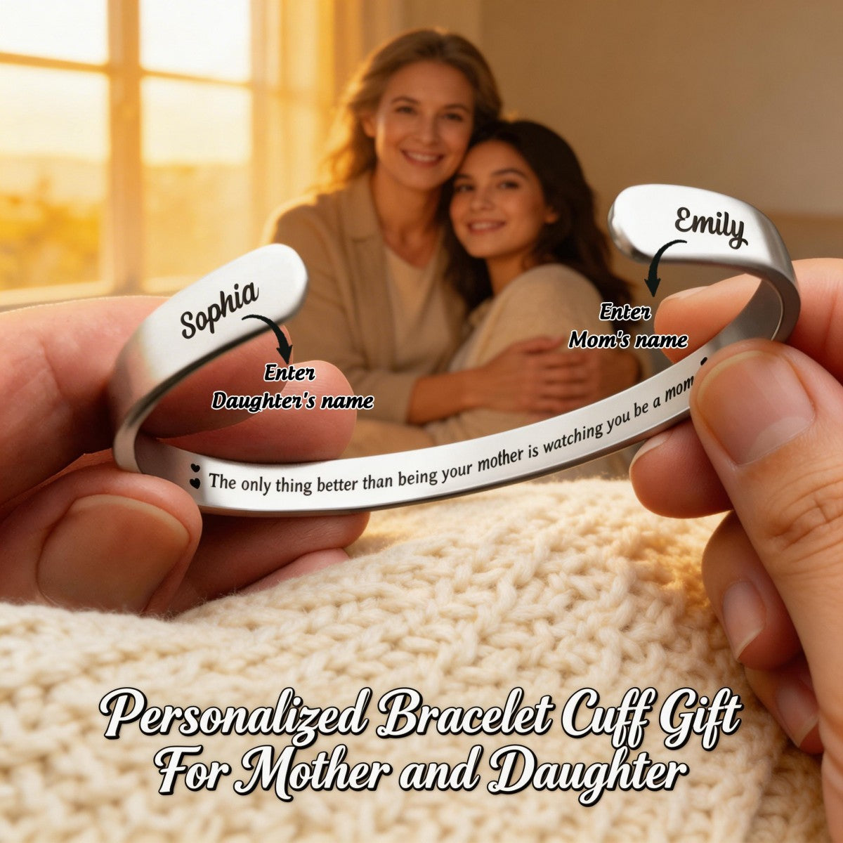 Mom & Daughter Always Connected By Heart - Personalized Bracelet Cuff Gift For Mother and Daughter