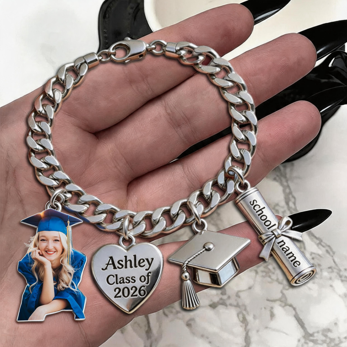 Class Of 2026 - Custom Photo Personalized Graduation Bracelet With Charms