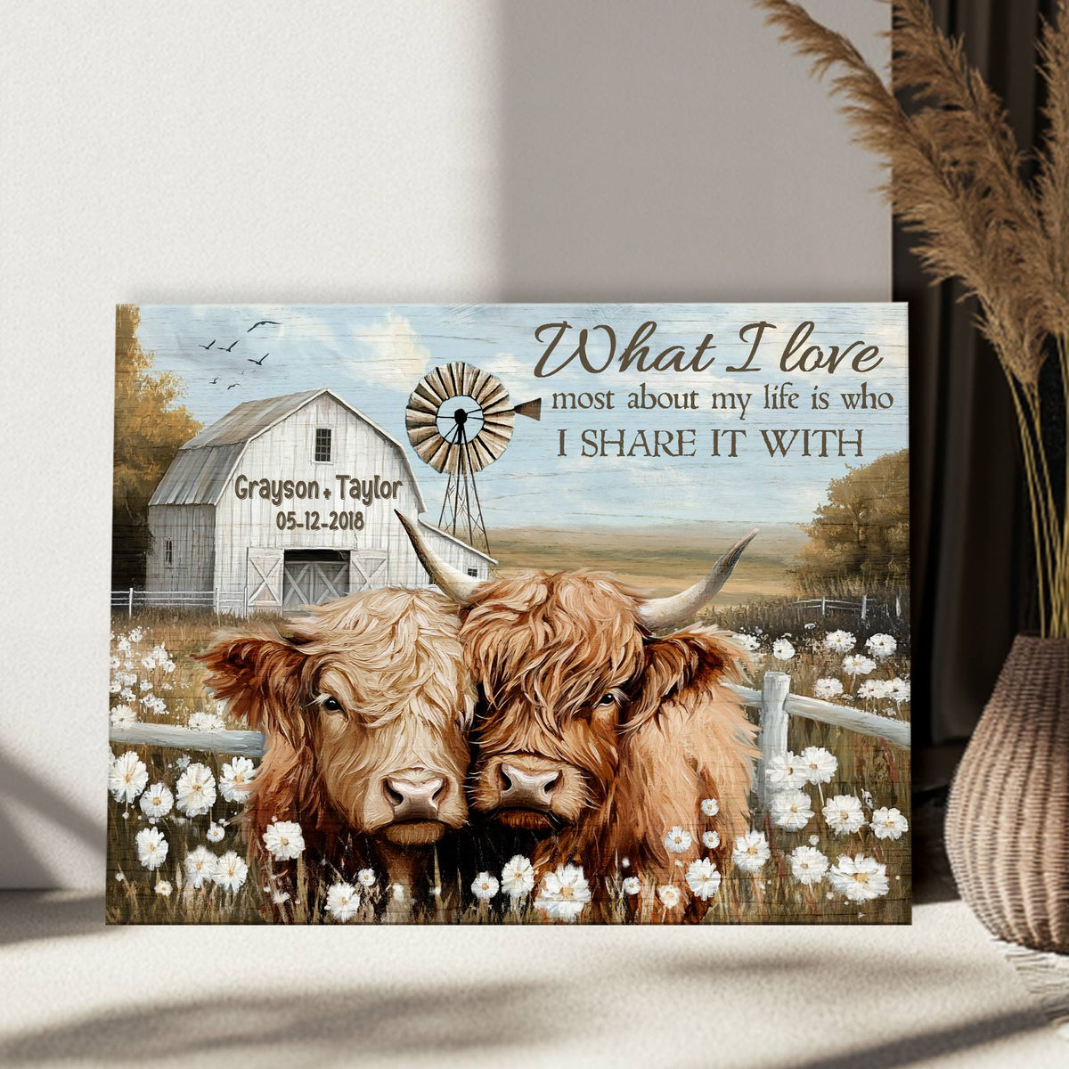 Farmhouse Highland Cow Wall Art Canvas Poster Personalized Couple Anniversary Decor Gift