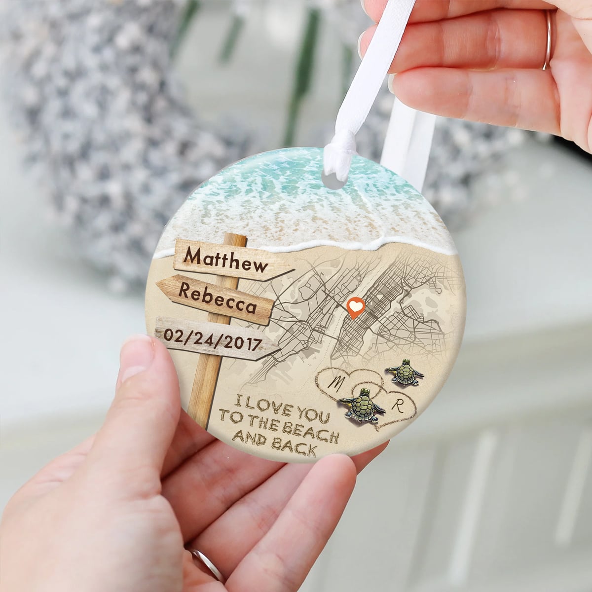 Personalized Couple Turtle City Map Ceramic Ornament - Custom Map & Photo Gift