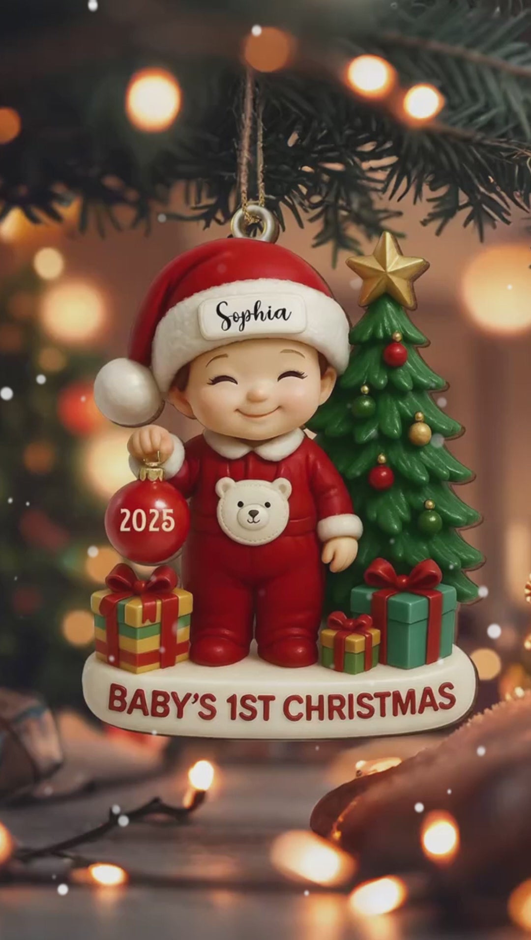 Baby’s 1st Christmas With Tree and Gifts, Personalized Custom Wood Ornament