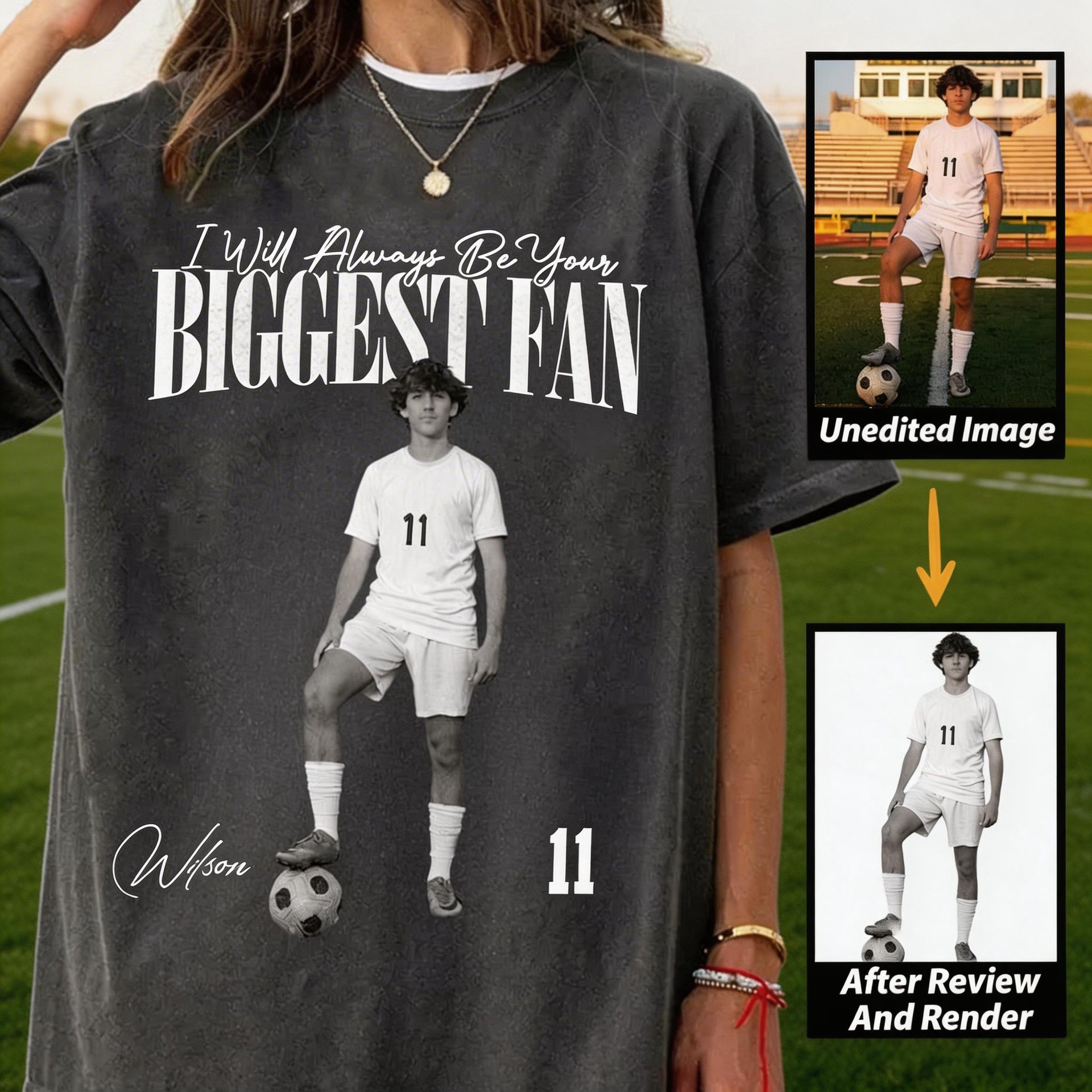 I'll Always Be Your Biggest Fan - Personalized Photo Retro Bootleg T-shirt For Soccer Players