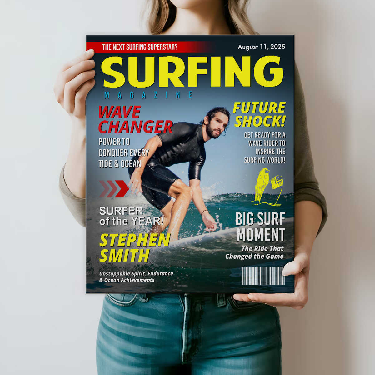 Personalized Surfing Photo Magazine Cover Canvas Gift For Surfers, Surfing Gift For Him