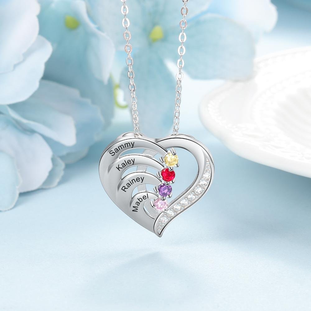 Personalized Mother 2/3/4 BirthStones Names Family Heart Necklace