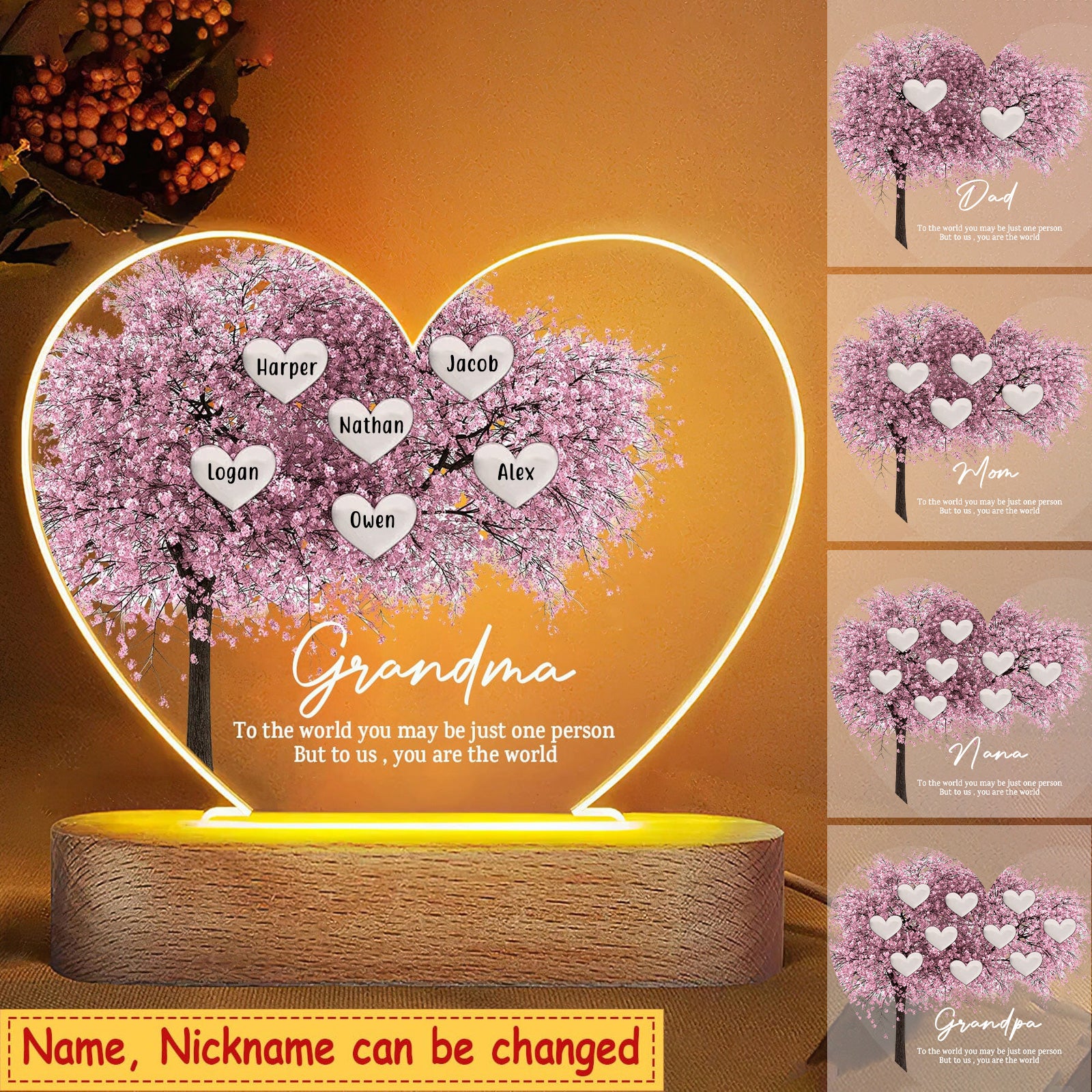 Personalized Family Tree Heart Acrylic Plaque LED Lamp Night Light