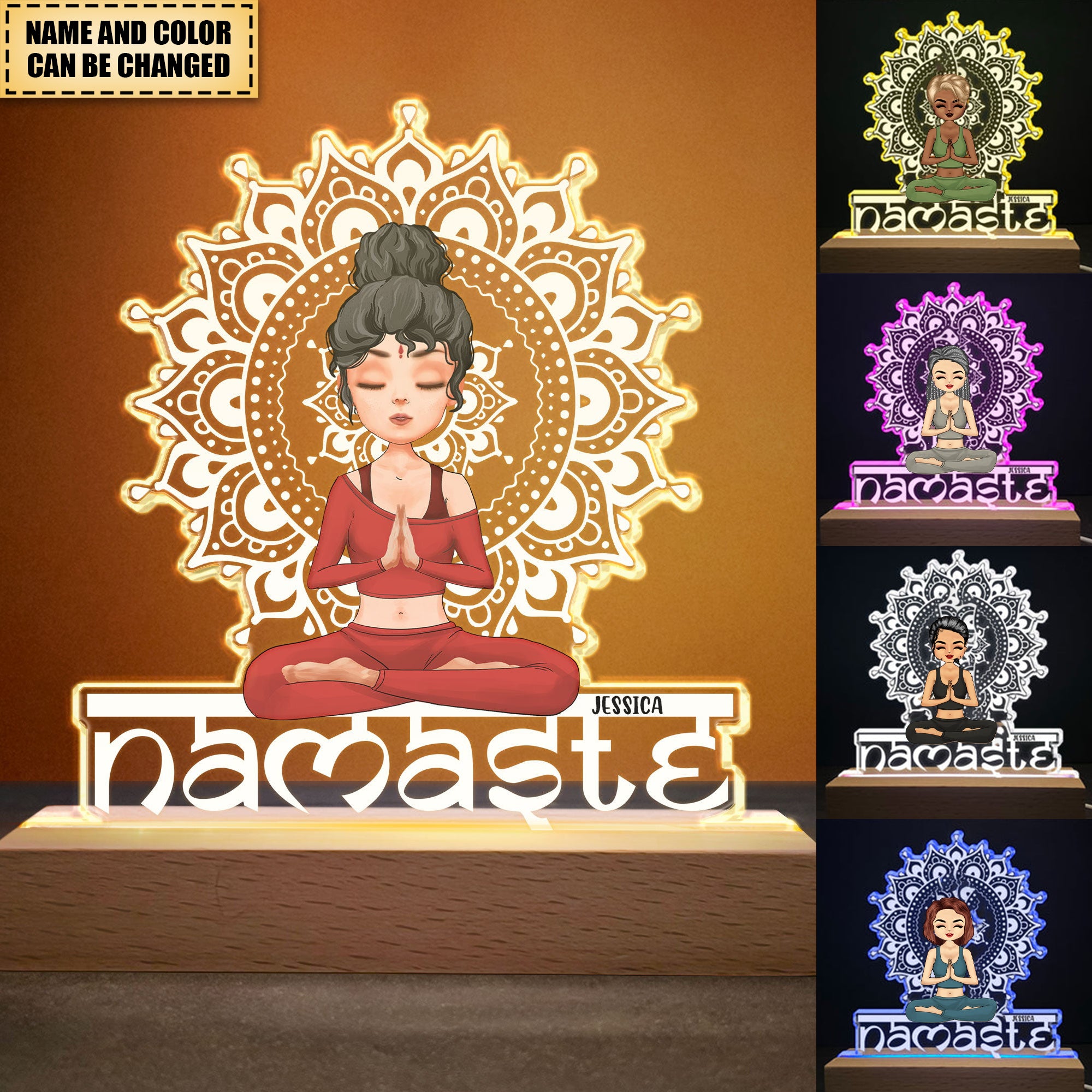 Namaste - Personalized 3D Led Light Wooden Base - Birthday, Loving, Bedroom Decor Gift For Yoga Lover