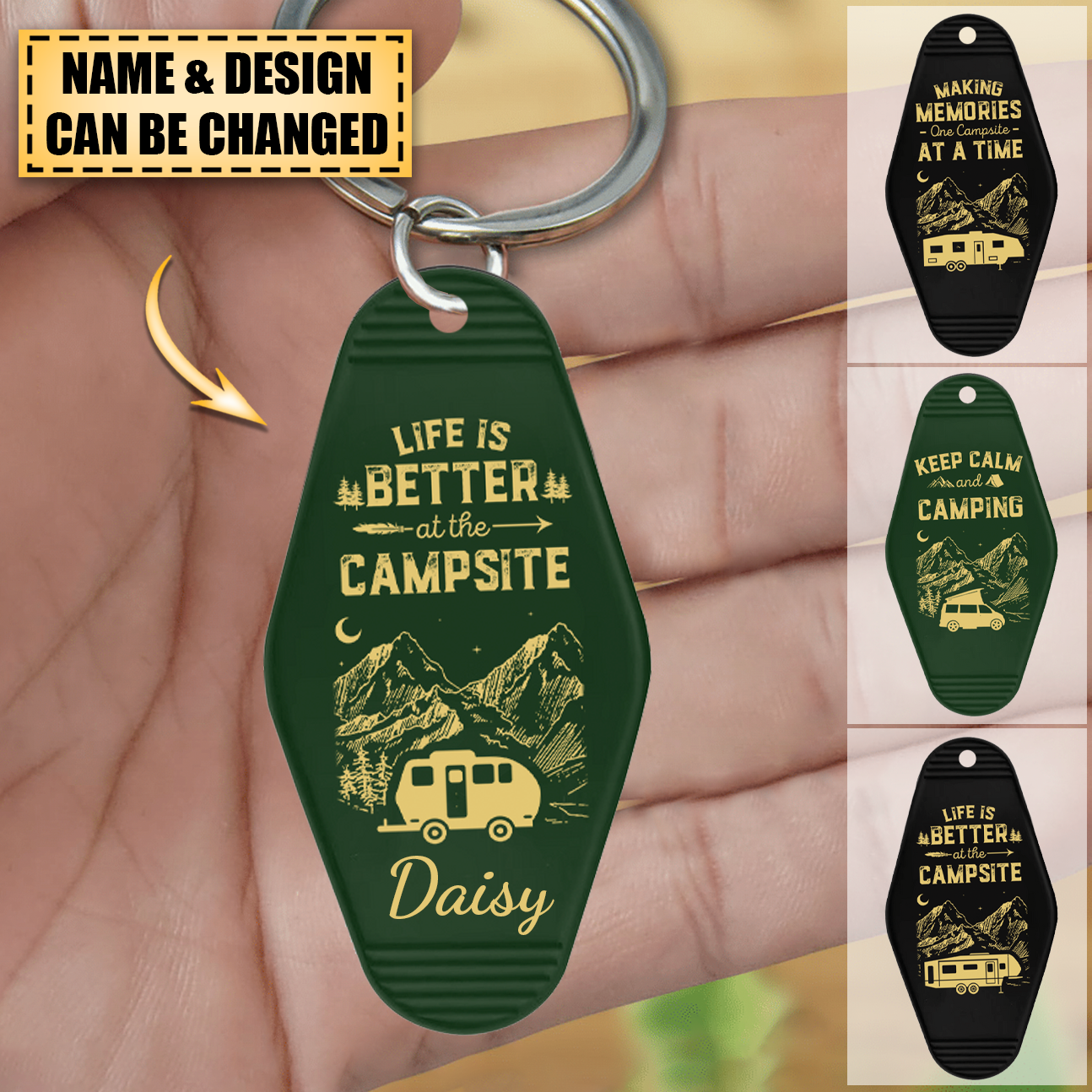 Custom Happy Camper Camping Vintage Motel Keychain, Gift For Camper
